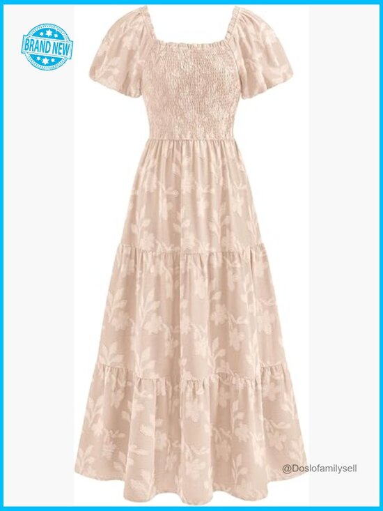 Dresses & Skirts - Boho Maxi Dress Floral Square Neck Smocked Bodice Flowy Tiered Summer